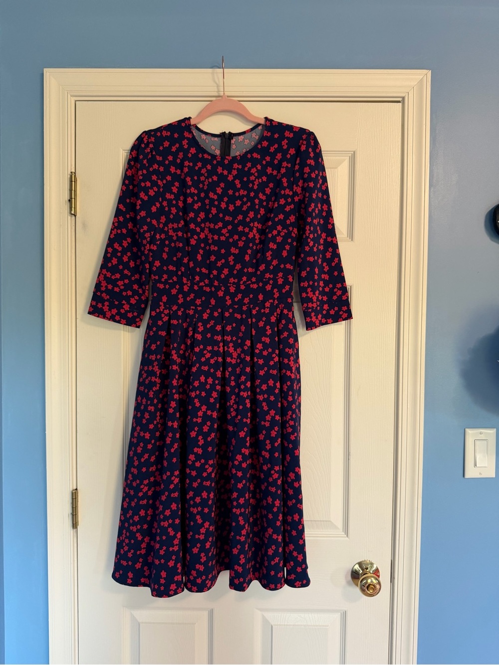 Women's Navy Blue Floral Midi Dress with Pink Print - Picture 4 of 10